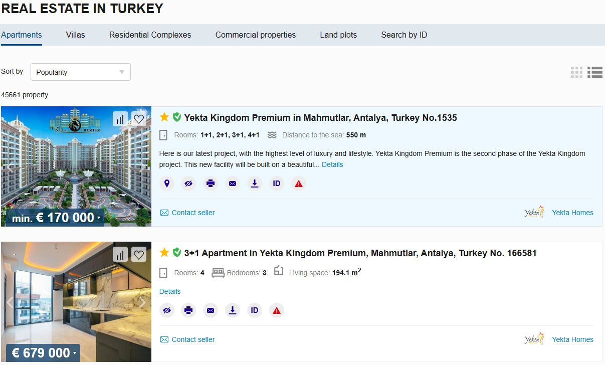 Priority+ içeren mülk, liste görünümü