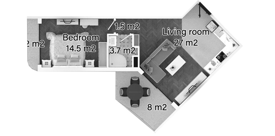 Планировка «1BR» 1+1 в ЖК Caesar Palm Jumeirah