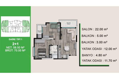 Продажа квартиры  в Мезитли, Мерсине, Турция 2 комн., 45м2, №227875 – фото 8