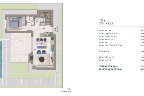 3+1 Villa  i Bodrum, Mugla, Tyrkiet Nr. 219749 - 7